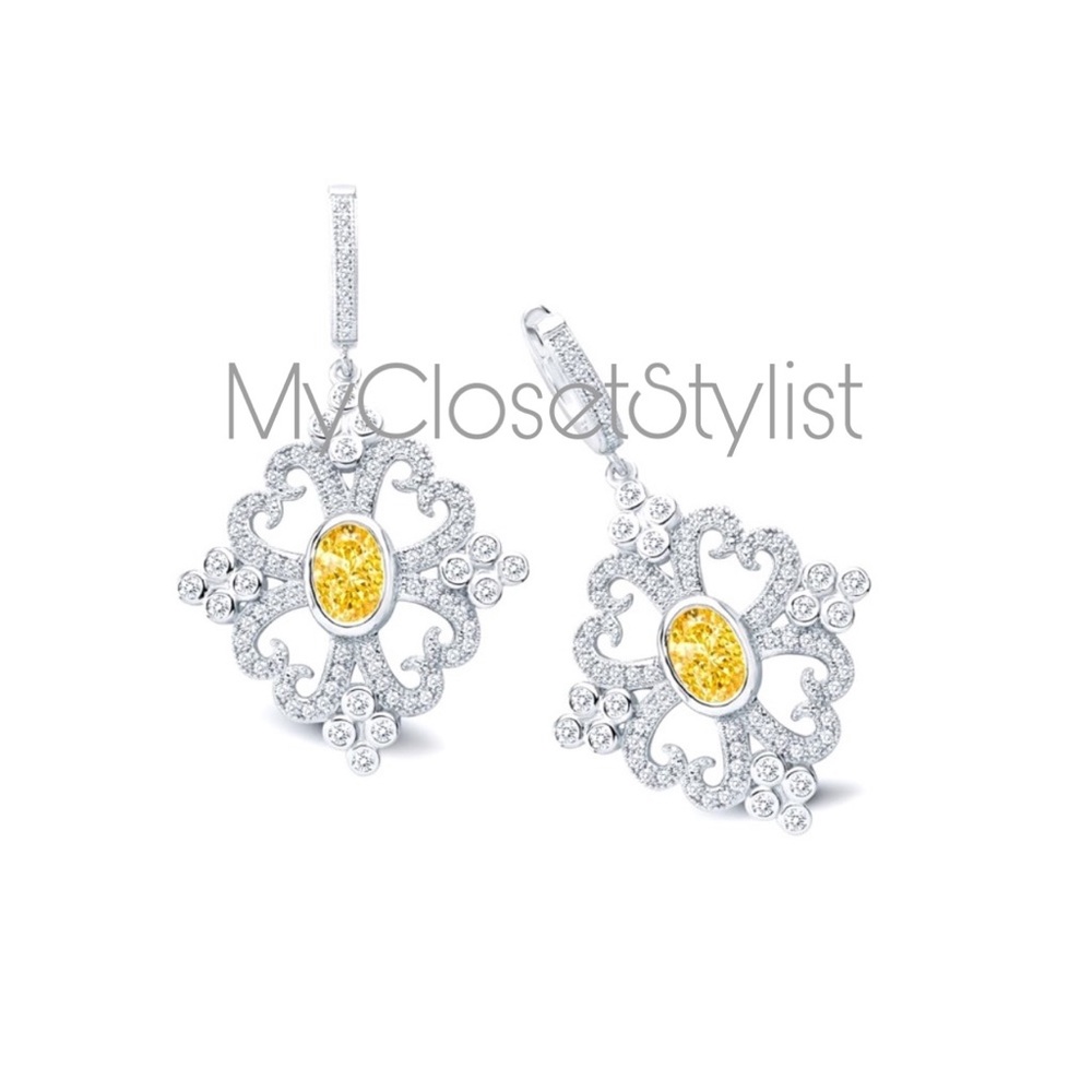 Platinum Canary Pave Diamonds Drop Earrings NEW - Picture 3 of 3